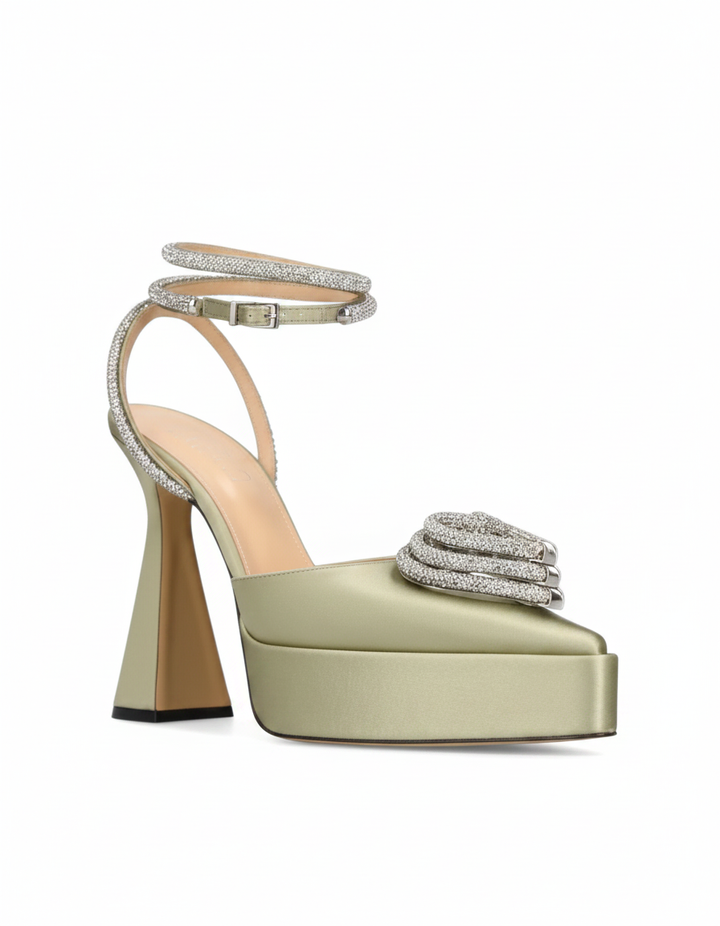 Ambra | Women's Crystal Heart Strap Pumps in Green