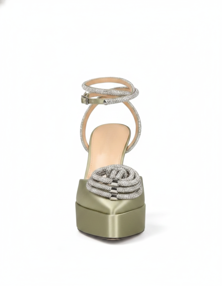 Ambra | Women's Crystal Heart Strap Pumps in Green