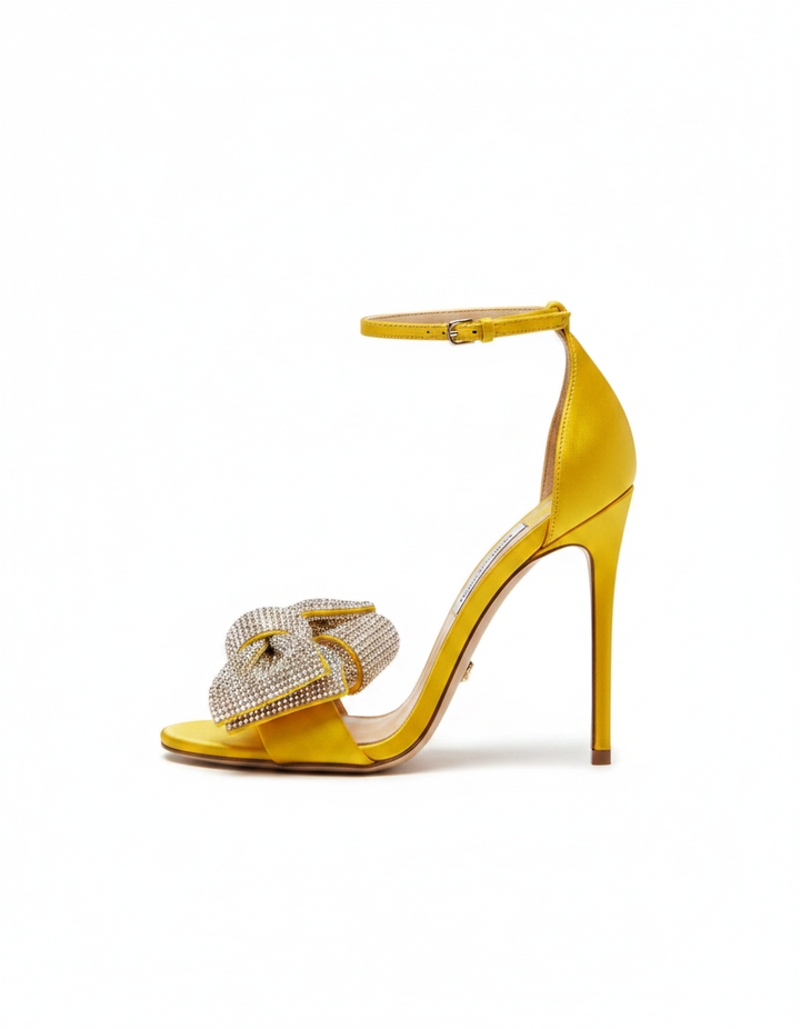 Crocifissa | Women's Rhinestone Bow Strap Heeled Sandals in Yellow