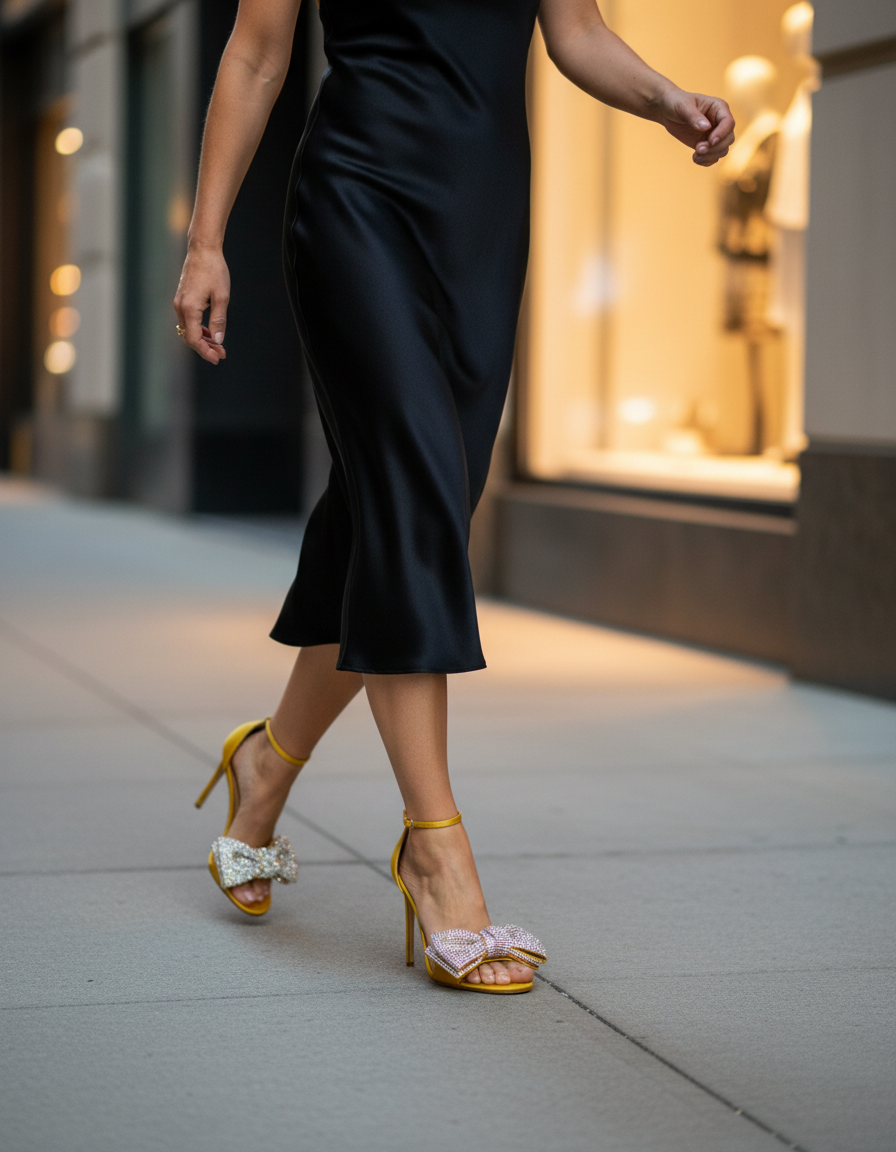 Crocifissa | Women's Rhinestone Bow Strap Heeled Sandals in Yellow
