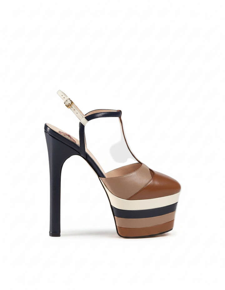 Dionisia | Women's Stripe Strap Platform Heels in Brown
