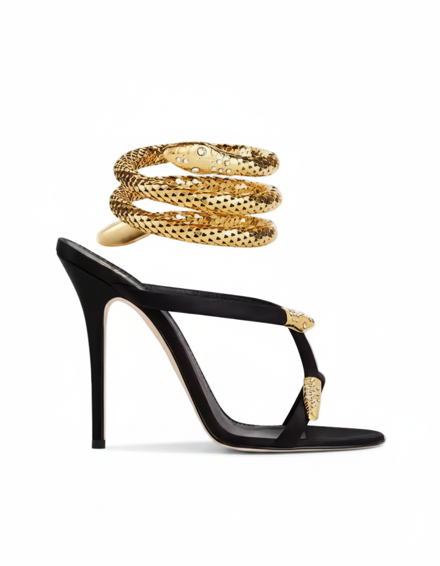 Dora | Women's Rhinestone Snake Heeled Sandals in Black