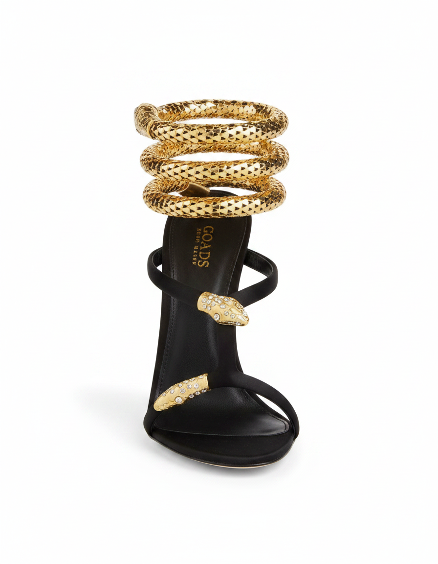 Dora | Women's Rhinestone Snake Heeled Sandals in Black