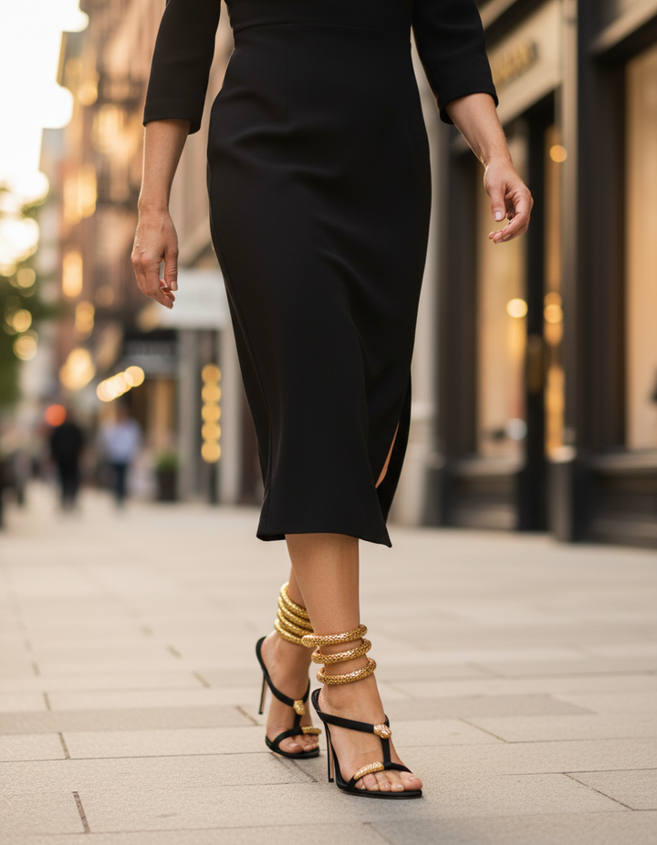 Dora | Women's Rhinestone Snake Heeled Sandals in Black