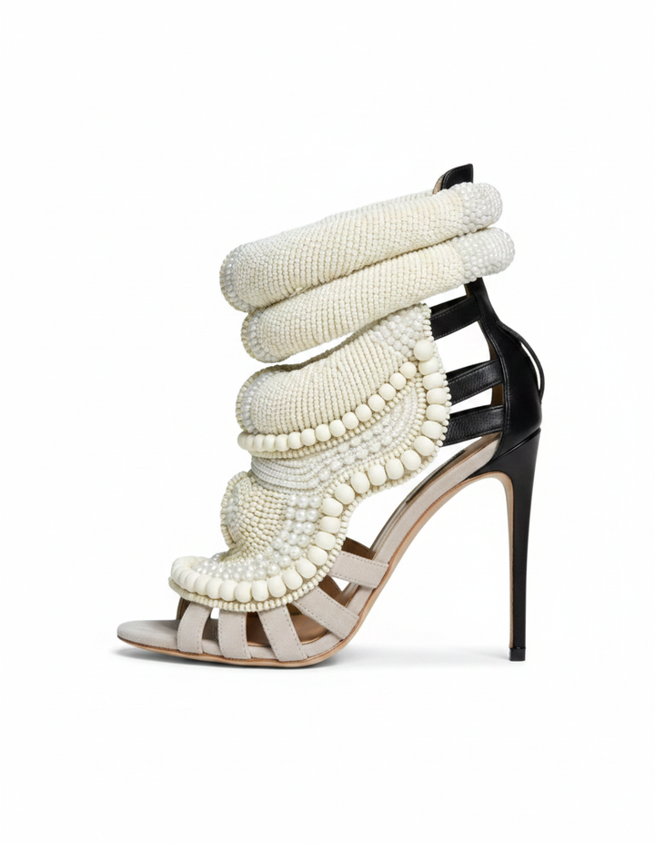 Edith | Women's Pearl Strap Heeled Sandals in Black and Beige