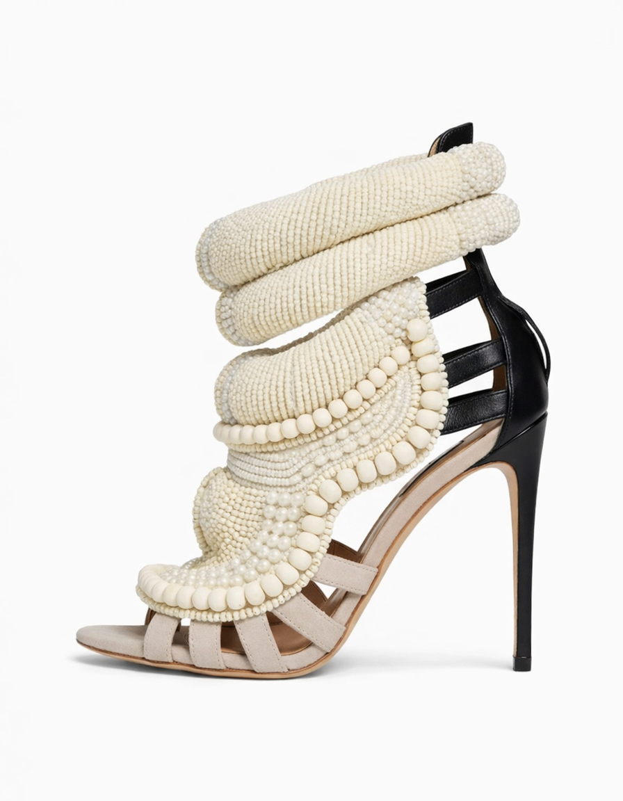 Edith | Women's Pearl Strap Heeled Sandals in Black and Beige