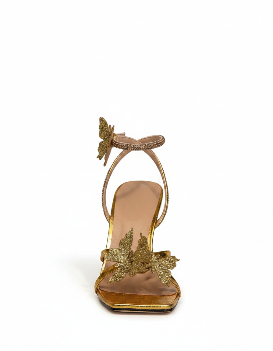 Elena | Women's Glitter Butterfly Heeled Sandals in Gold