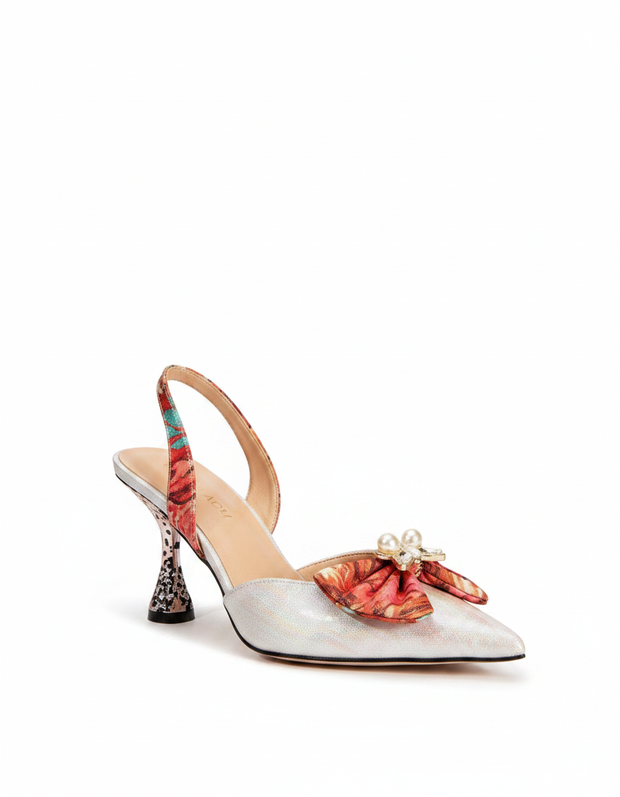 Elena | Women's Rhinestone Bow Flared Heels in Rose Gold