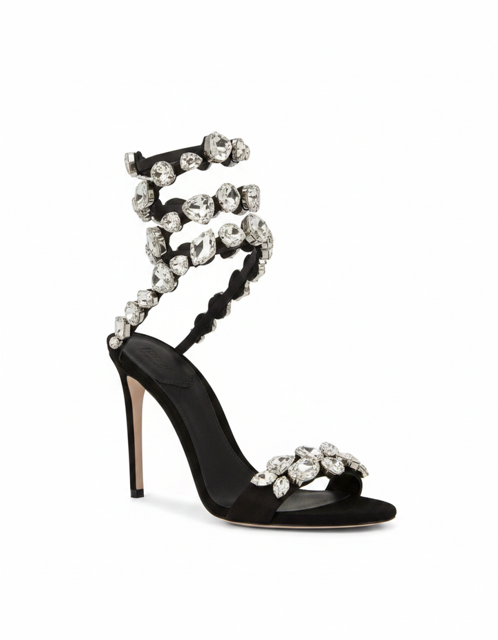 Filide | Women's Rhinestone Lace-Up Heeled Sandals in Black