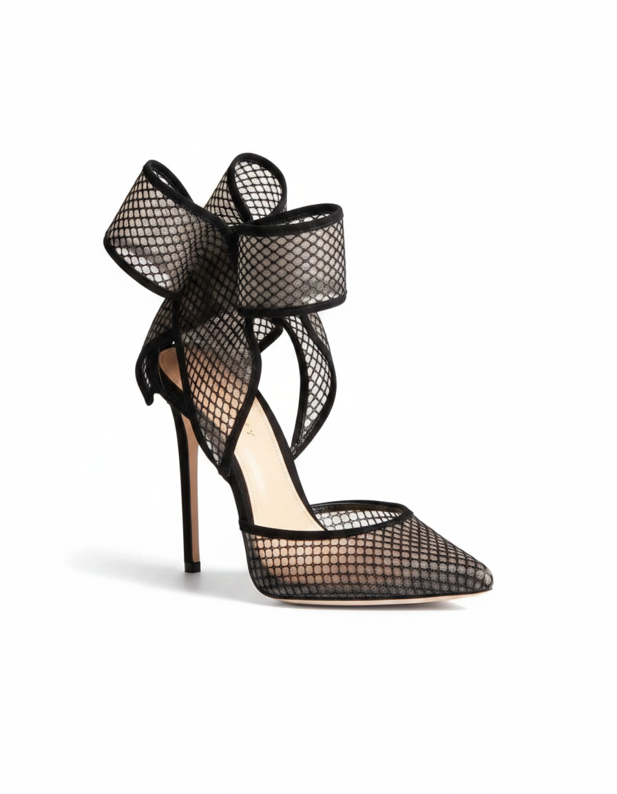 Fioralba | Women's Check Mesh Bow Pumps in Black