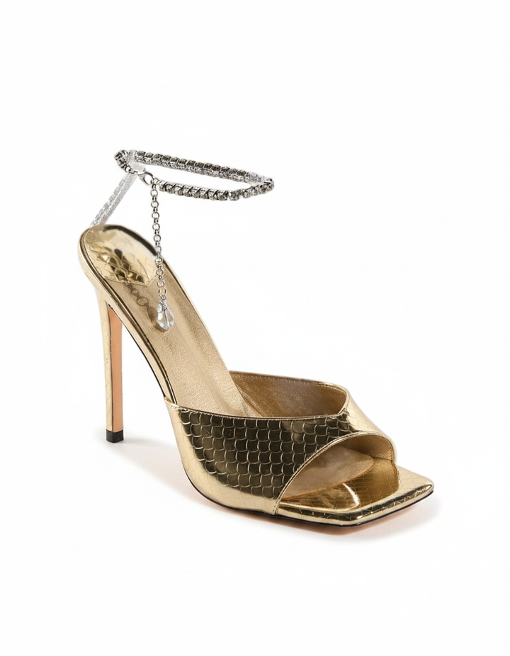 Gilberta | Women's Rhinestone Strap Heeled Sandals in Gold