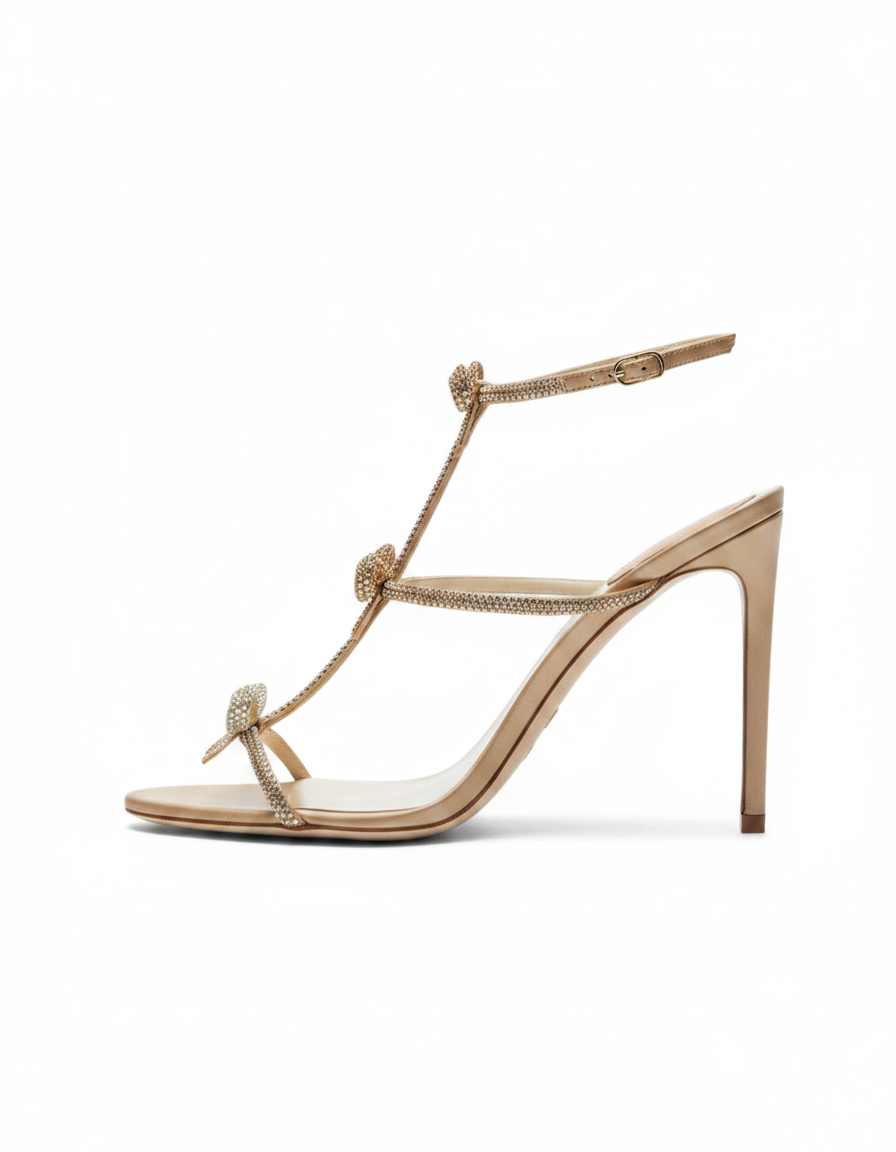 Ilaria | Women's Rhinestone Bow Strap Heeled Sandals in Pink