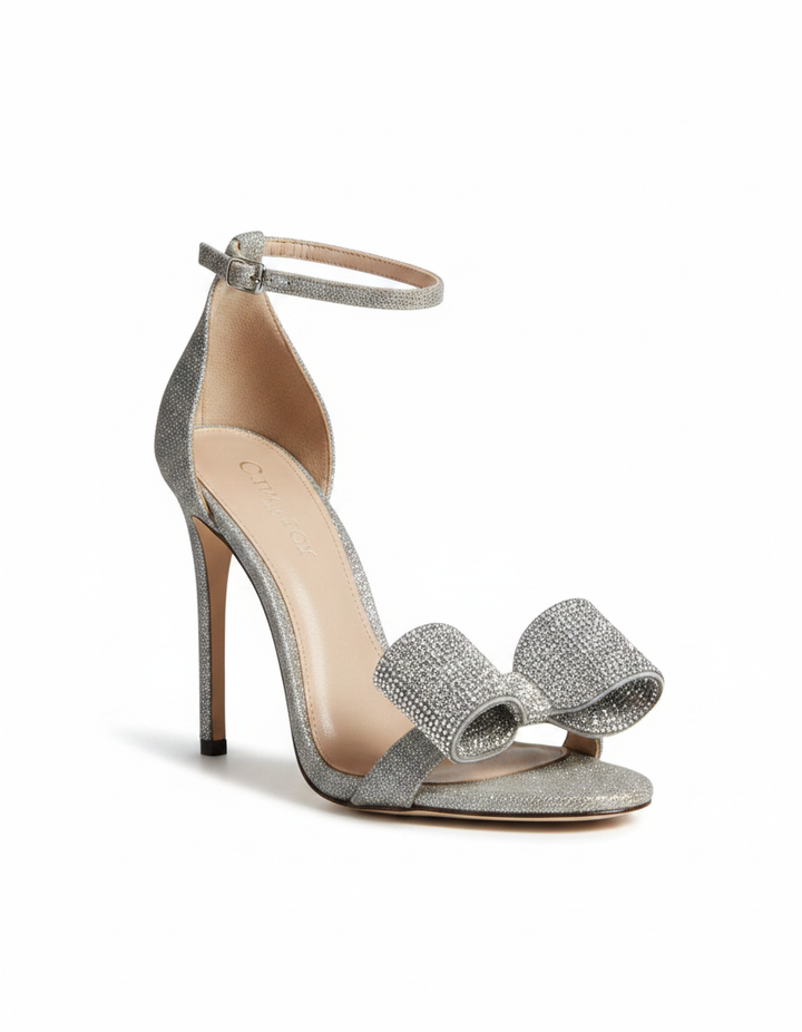 Ines | Women's Crystal Bow Sparkle Heeled Sandals in Silver