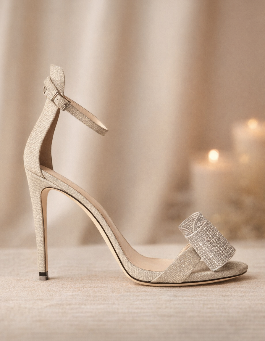 Ines | Women's Crystal Bow Sparkle Heeled Sandals in Silver