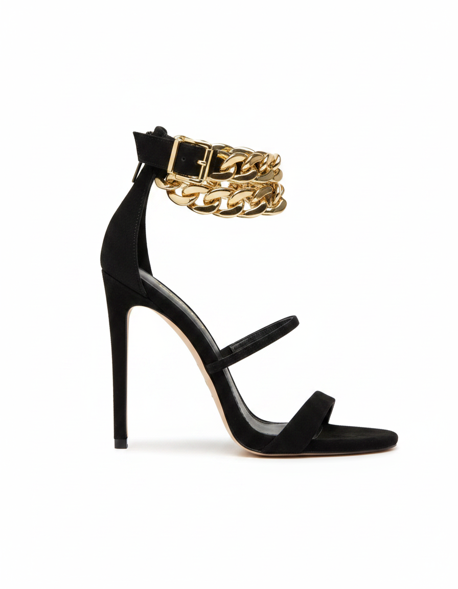 Iolanda | Women's T-Strap Metal Chain Heeled Sandals in Black