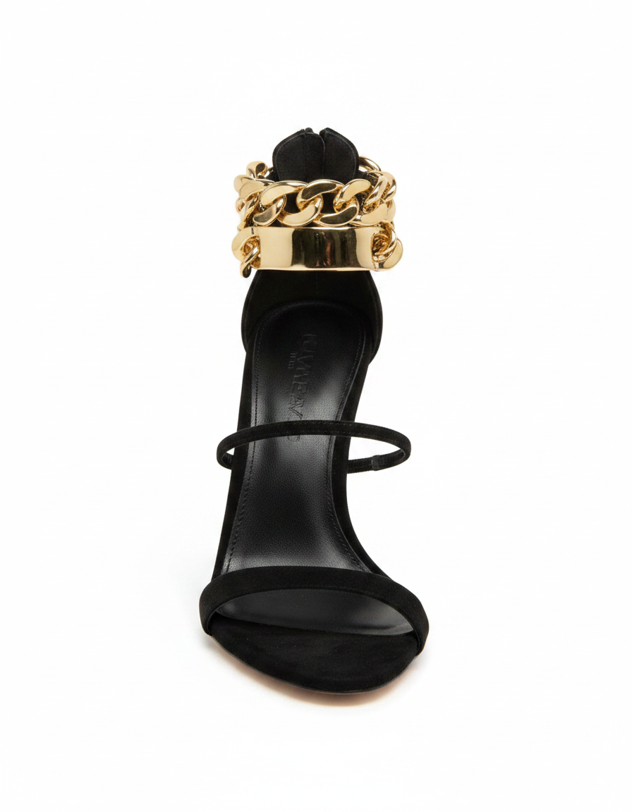 Iolanda | Women's T-Strap Metal Chain Heeled Sandals in Black