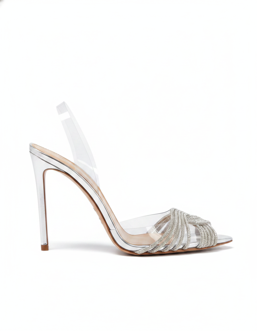 Italia | Women's Rhinestone Woven PVC Slingback Pumps in Silver