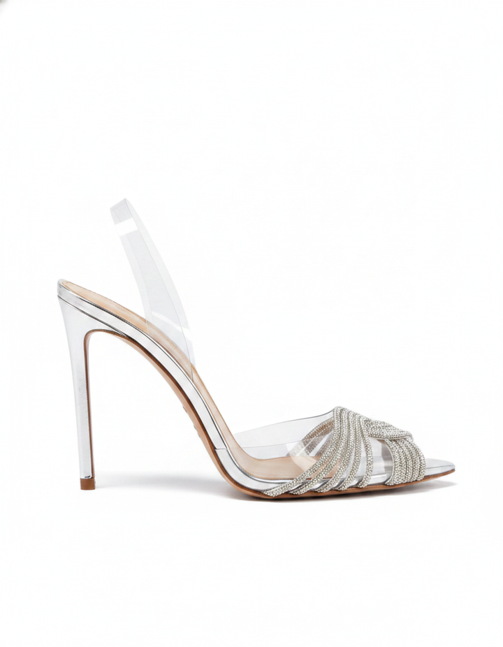 Italia | Women's Rhinestone Woven PVC Slingback Pumps in Silver