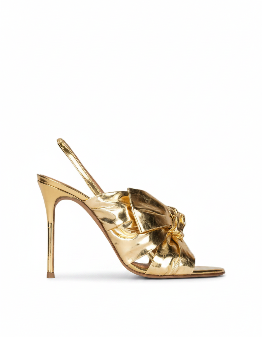 Jiana | Women's Ruched Metallic Bow Slingback Sandals in Gold