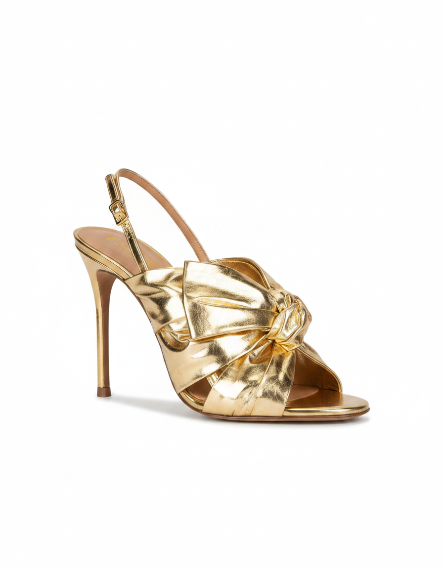 Jiana | Women's Ruched Metallic Bow Slingback Sandals in Gold