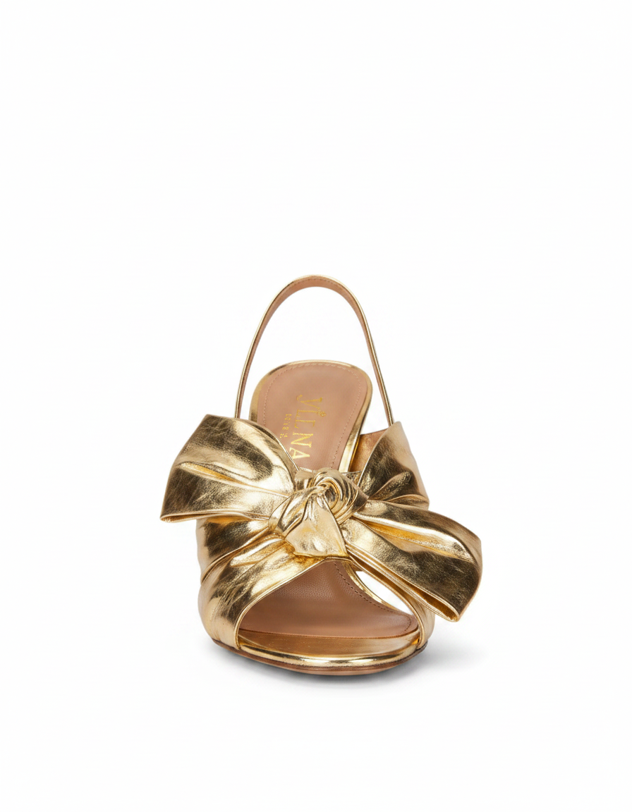 Jiana | Women's Ruched Metallic Bow Slingback Sandals in Gold