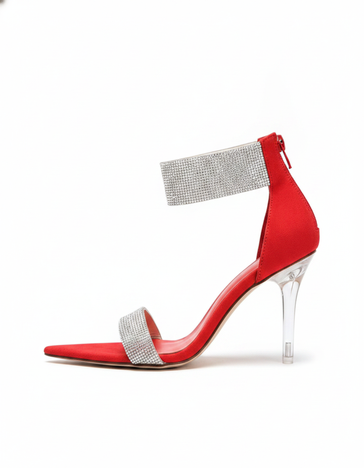 June | Women's Rhinestone Strap Heeled Sandals in Red