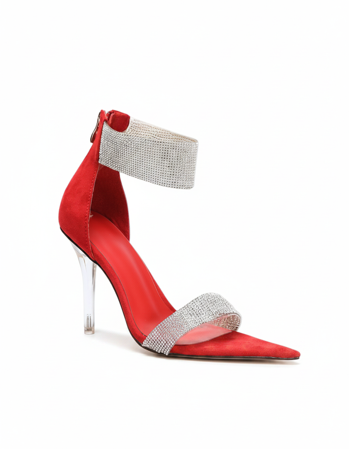 June | Women's Rhinestone Strap Heeled Sandals in Red