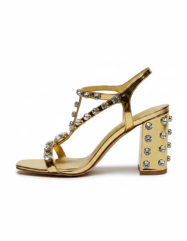 Loreto | Women's Rhinestone Slingback Heeled Sandals in Gold