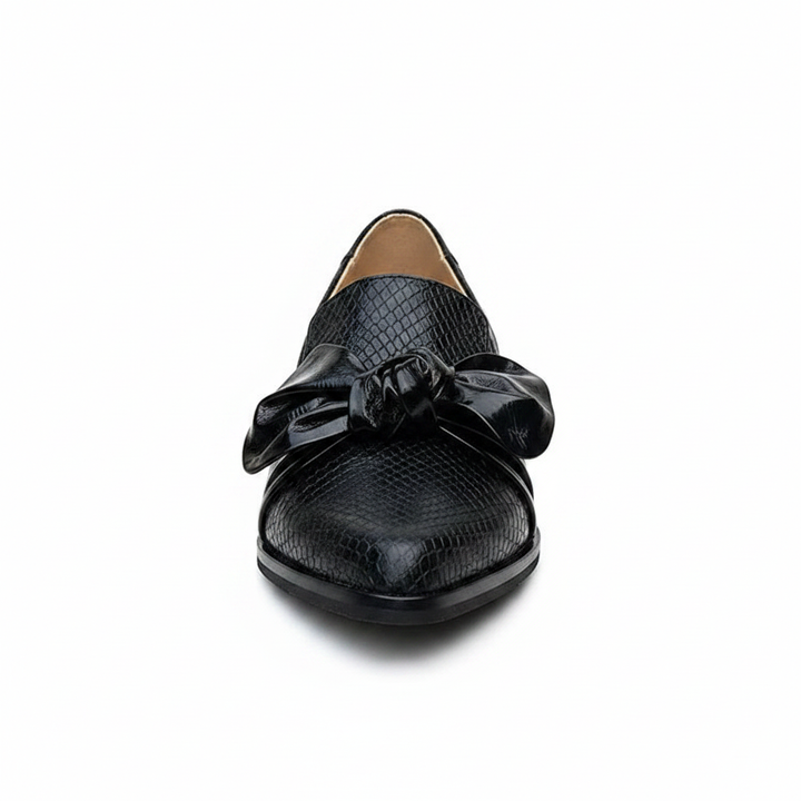 Madelief | Women's Patent Bow Slip-On Loafers in Black