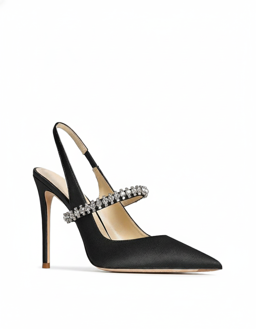 Nerina | Women's Rhinestone Satin Slingback Pumps in Silver