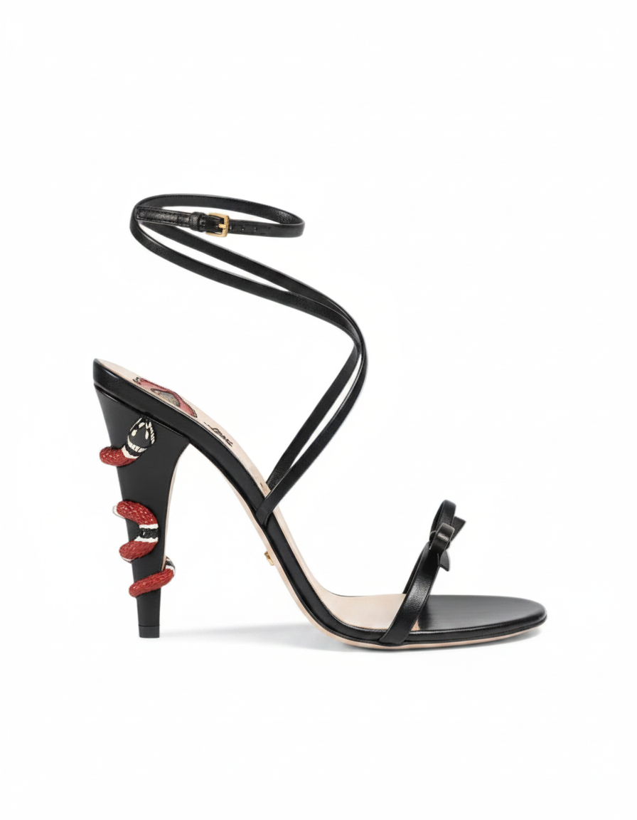 Noor | Women's Cross Snake Spiral Heeled Sandals in Black
