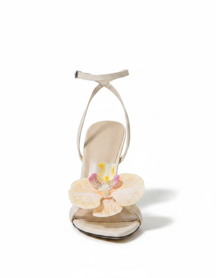 Oria | Women's Flower Strap Heeled Sandals in Natural