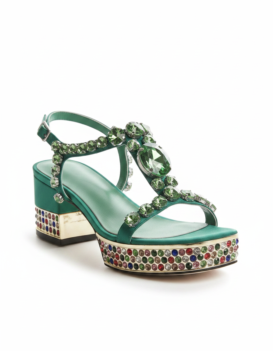 Riccarda | Women's Gem Platform Heeled Sandals in Green