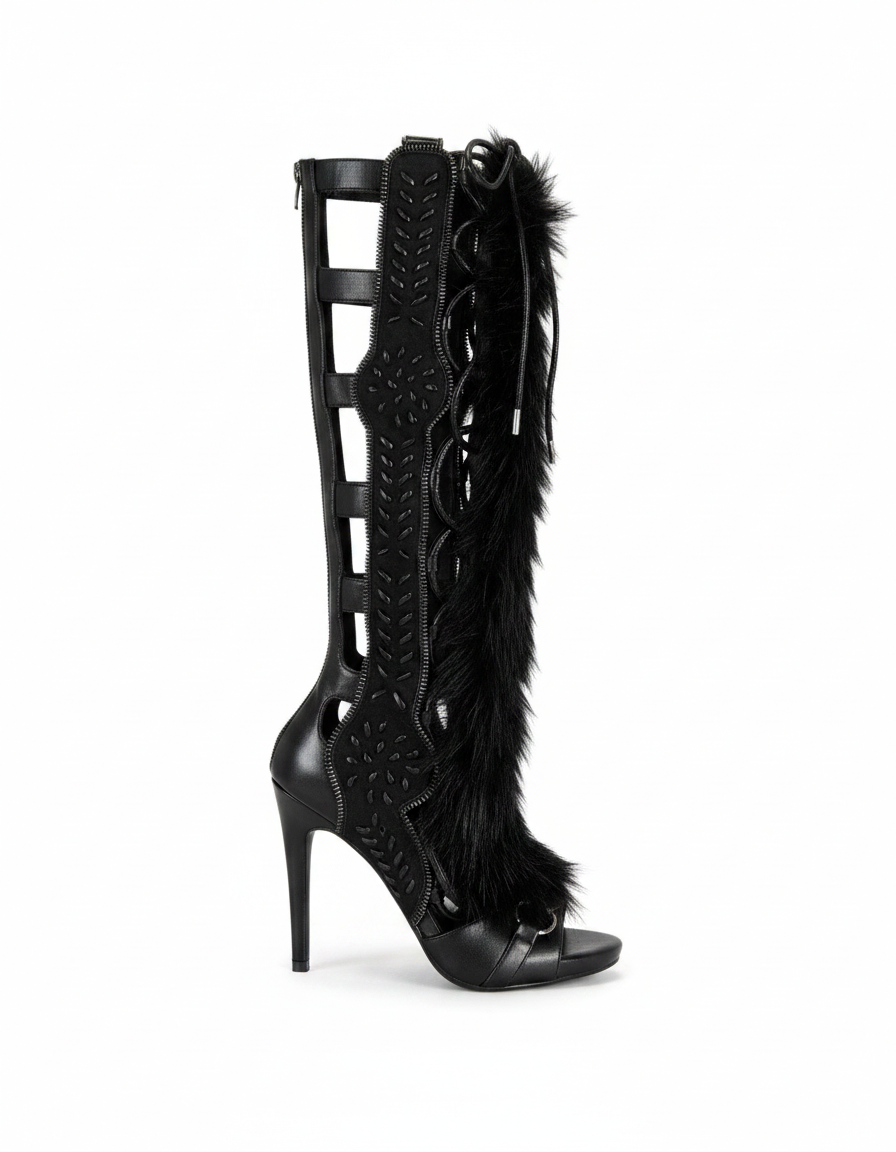 Sadiya | Women's Faux Fur Lace-Up Suede Heeled Sandals in Brown