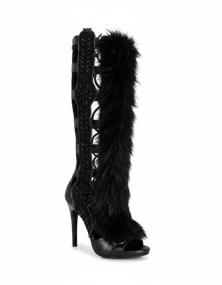 Sadiya | Women's Faux Fur Lace-Up Suede Heeled Sandals in Brown