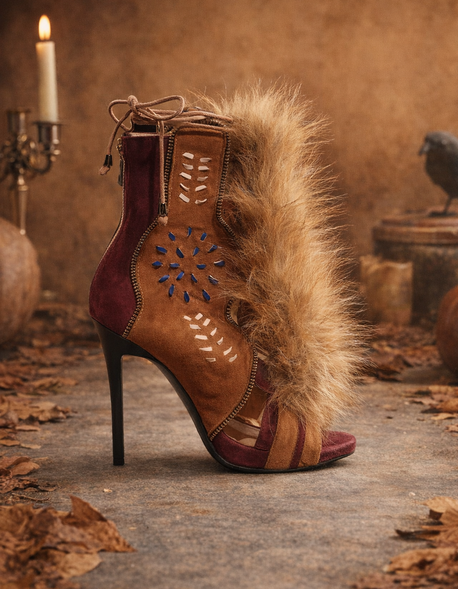 Sadiya | Women's Faux Fur Lace-Up Suede Heeled Sandals in Brown