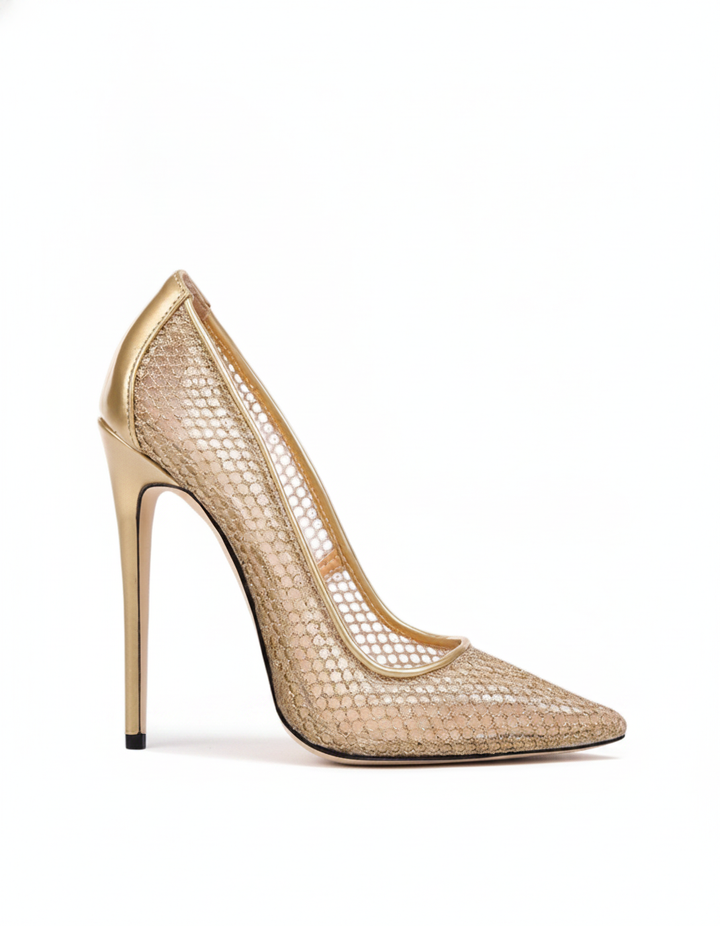 Sahar | Women's Sparkle Fishnet Pumps in Champagne