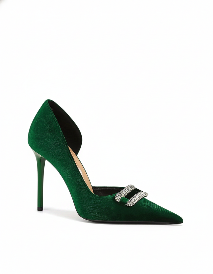 Saige | Women's Buckle Velvet Pumps in Green
