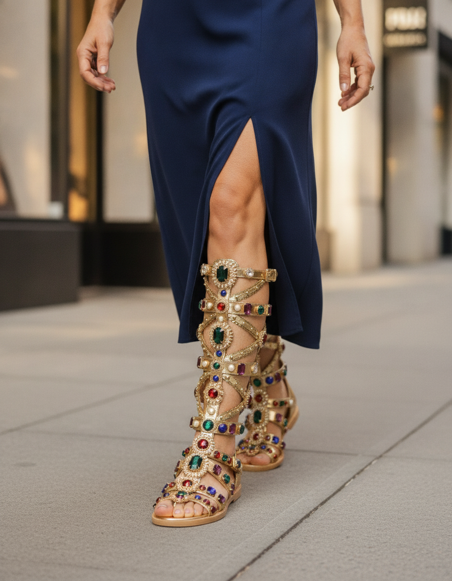 Sardinia | Women's Rhinestone Knee High Gladiator Sandals