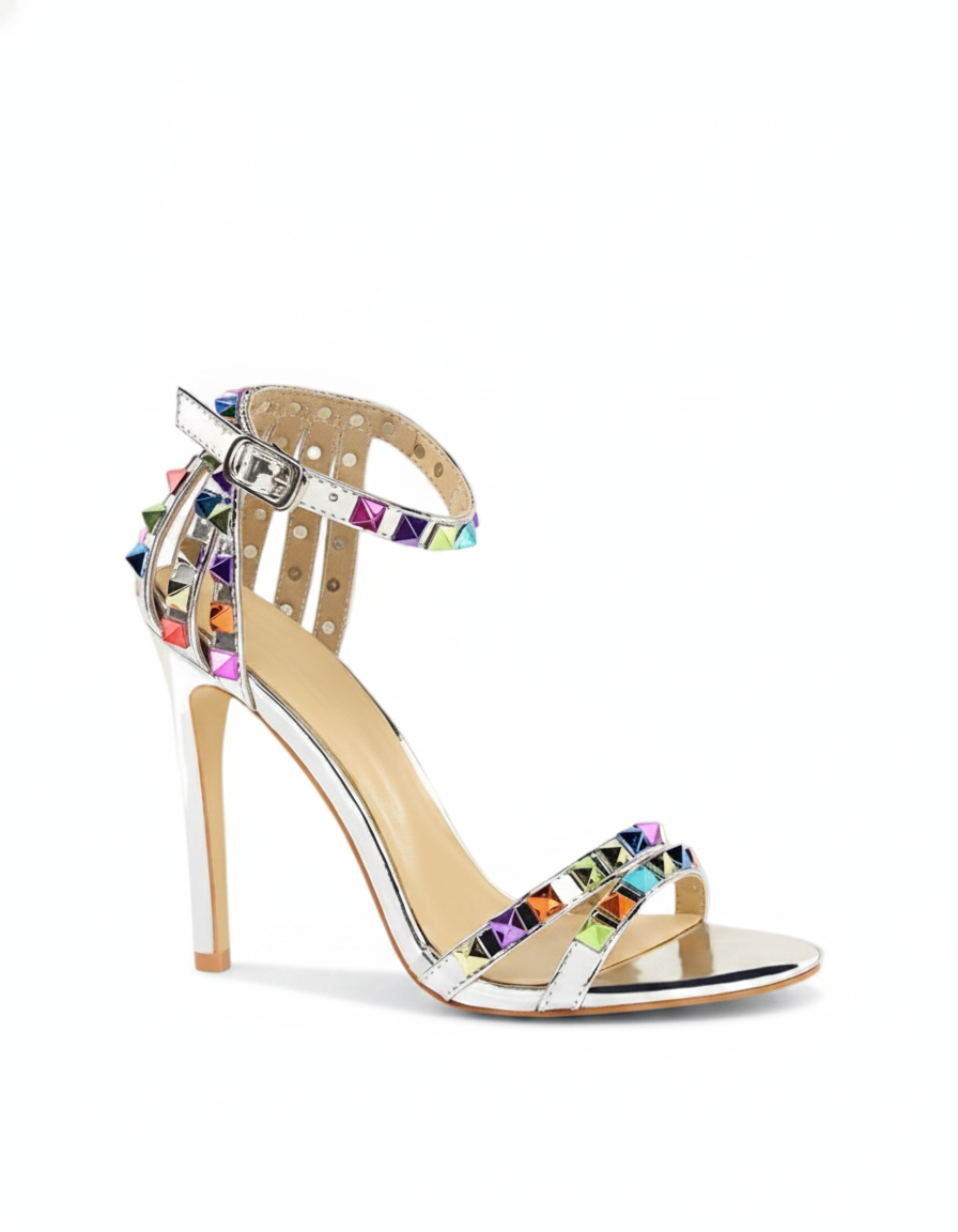 Senta | Women's Rivet Metallic Strap Heeled Sandals in Silver