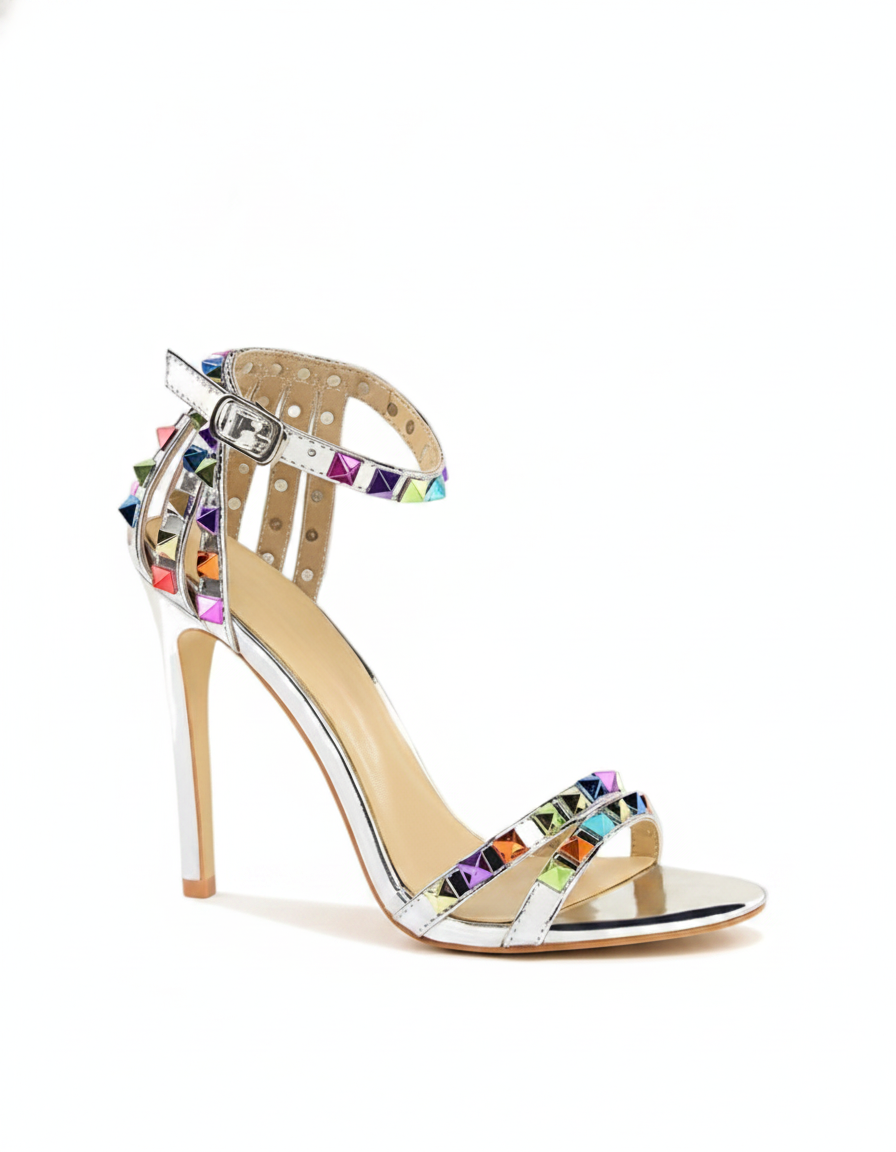 Senta | Women's Rivet Metallic Strap Heeled Sandals in Silver