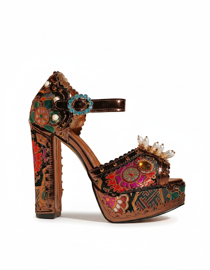 Valeria | Women's Rhinestone Vintage Platform Sandals in Gold