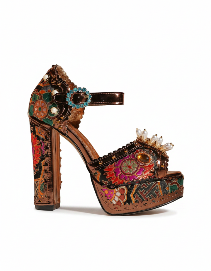 Valeria | Women's Rhinestone Vintage Platform Sandals in Gold
