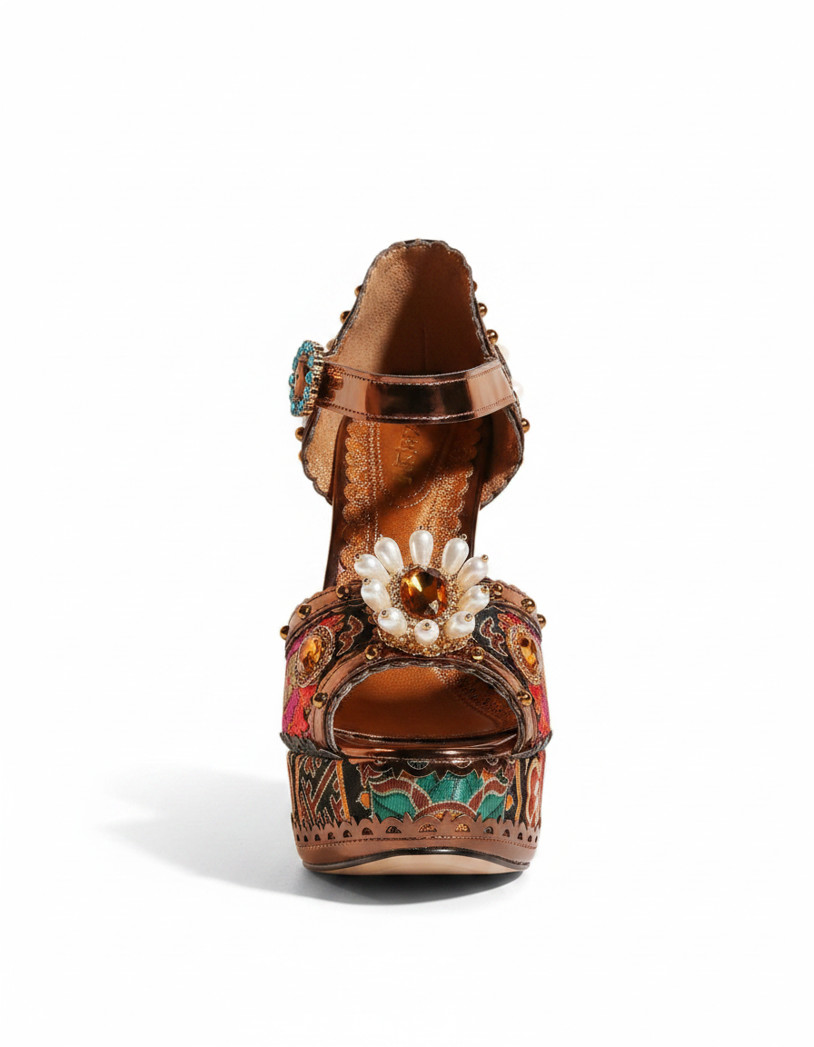 Valeria | Women's Rhinestone Vintage Platform Sandals in Gold