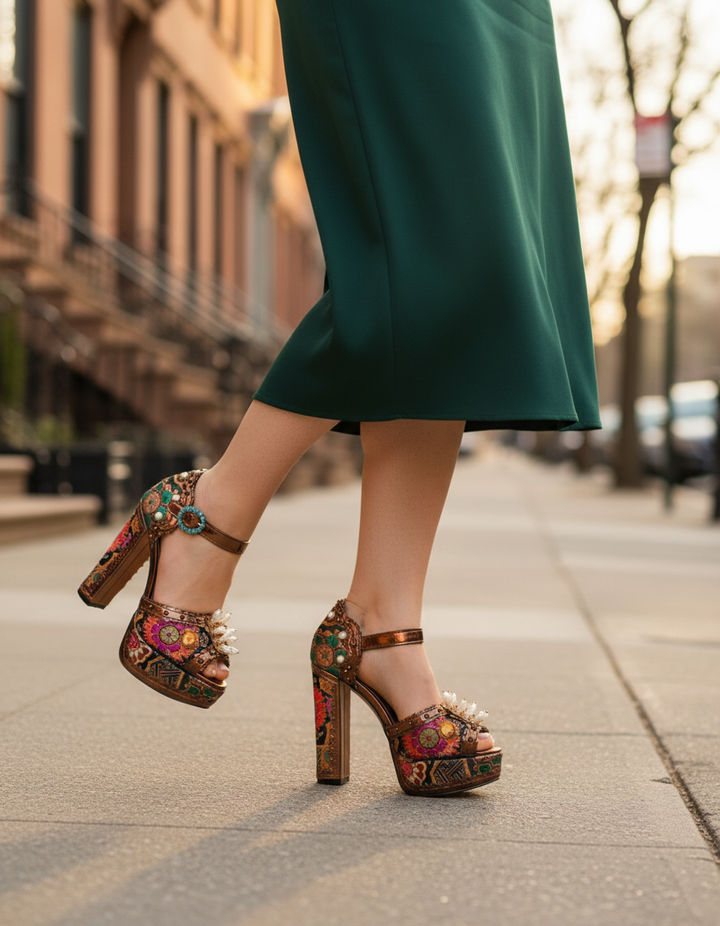 Valeria | Women's Rhinestone Vintage Platform Sandals in Gold