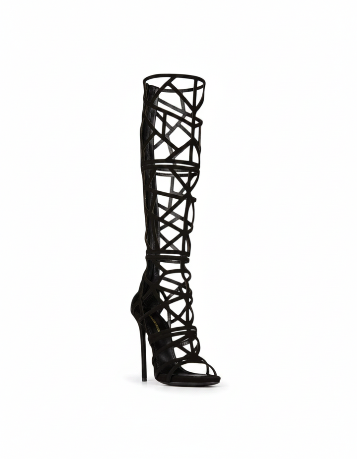 Virna | Women's Cage Knee High Boots in Black