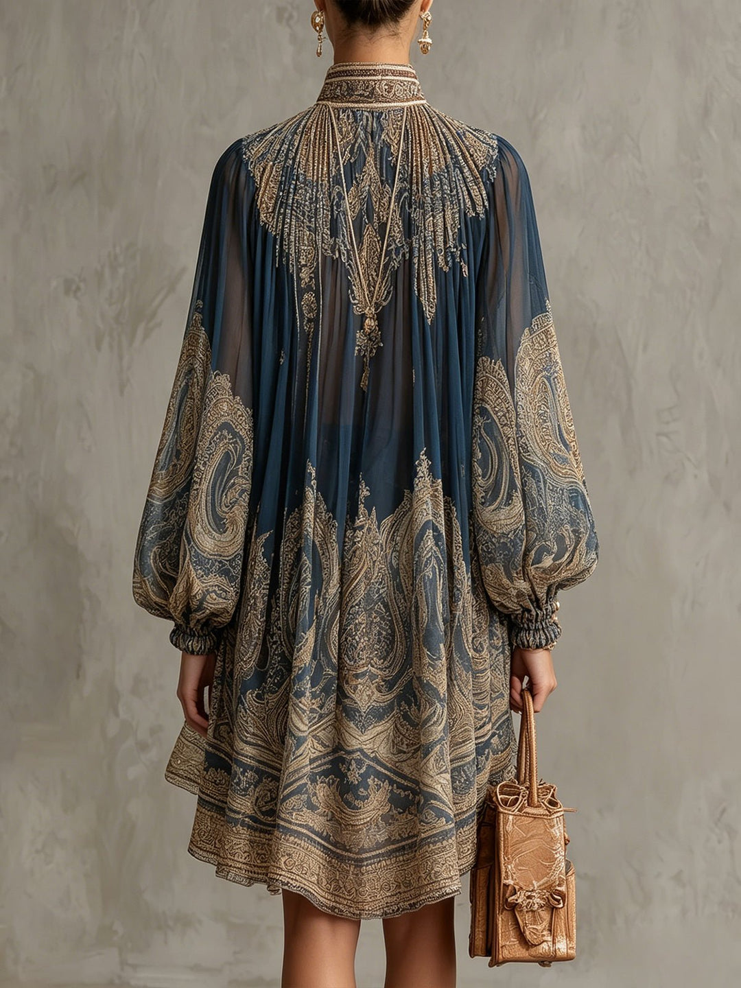 Ava | Women's Baroque Print High-Neck Asymmetric Chiffon Dress