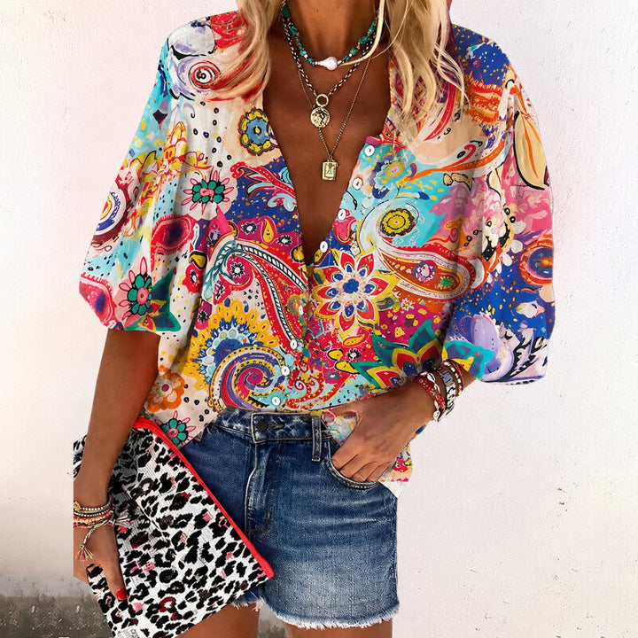 Willow | Women's Boho Floral Print V-Neck Long Sleeve Button-Down Blouse