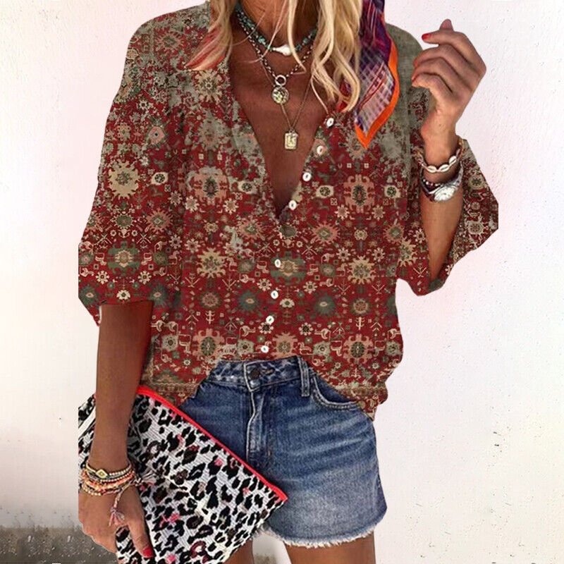 Willow | Women's Boho Floral Print V-Neck Long Sleeve Button-Down Blouse