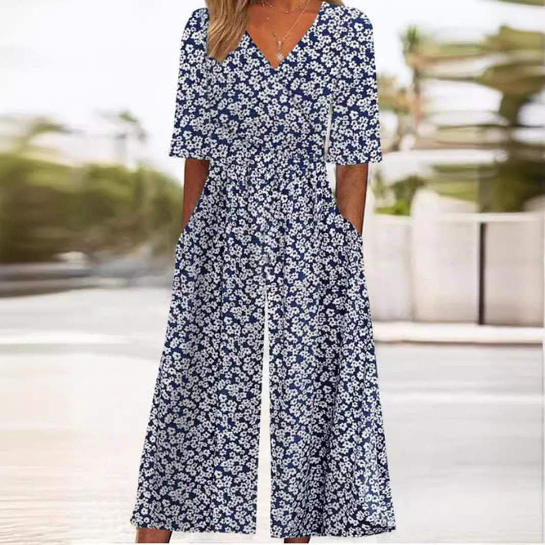 Scarlett | Women's Boho Floral V-Neck Half-Sleeve Jumpsuit